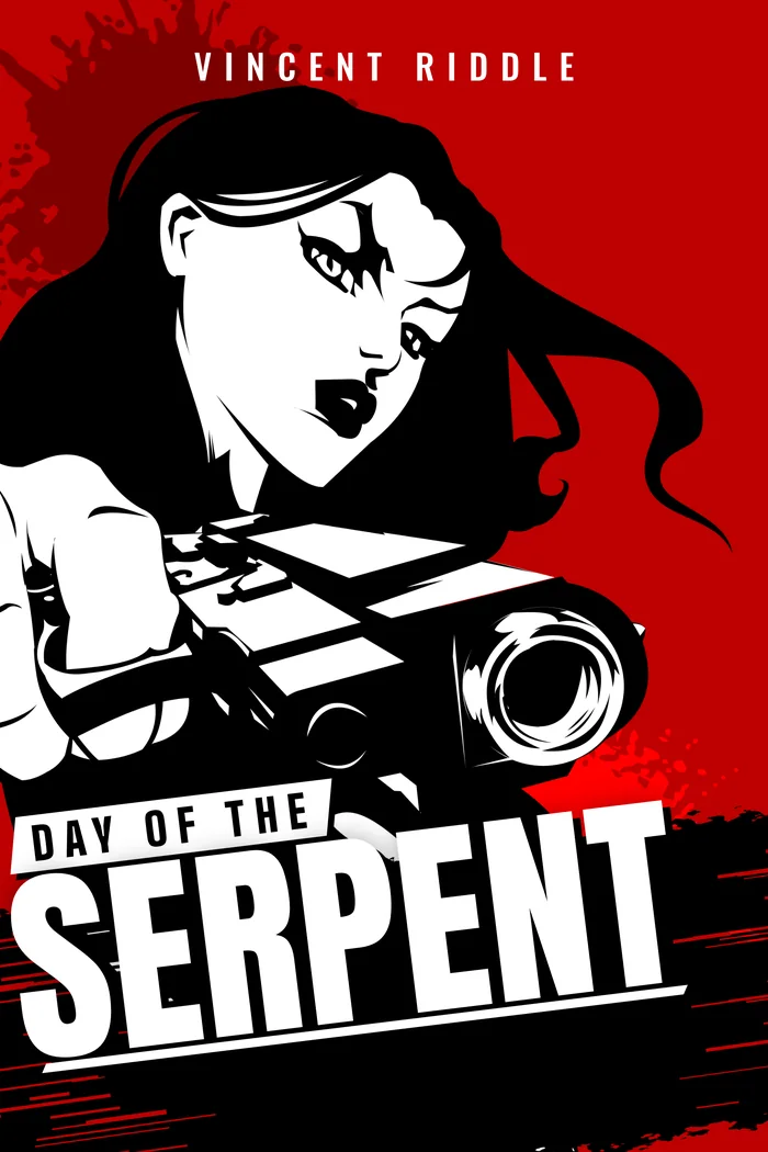 Cover of Day of the Serpent: a woman in black aims a pistol against a blood-red background