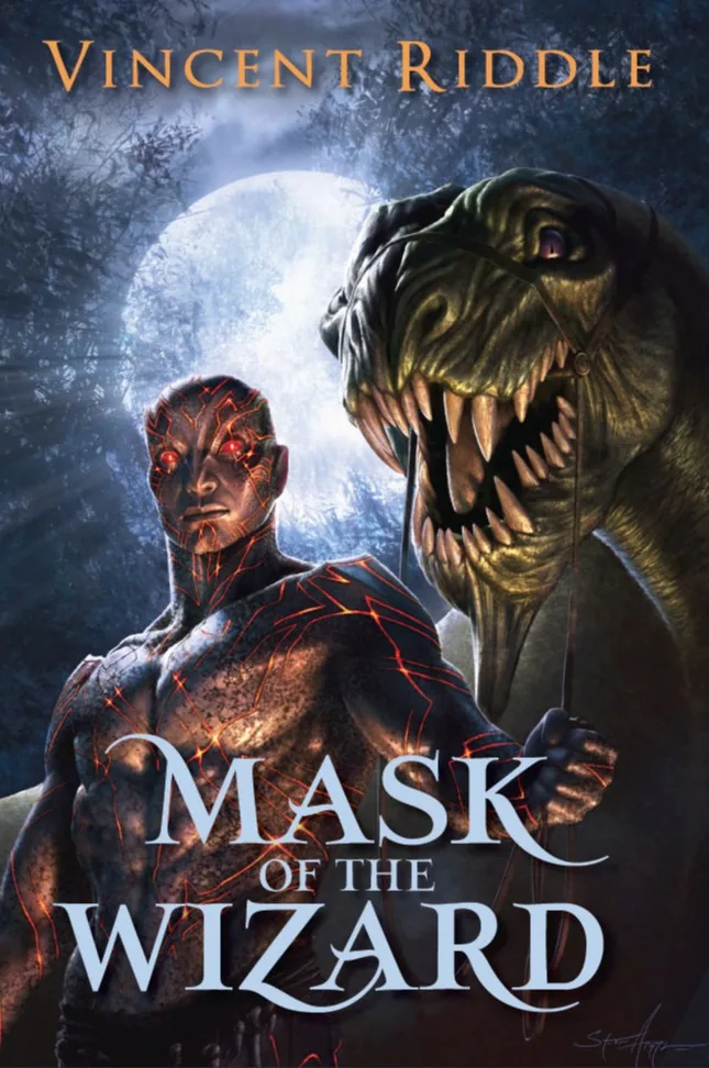 Cover of Mask of the Wizard: a lizard-like beast and a man with glowing red eyes under a full moon