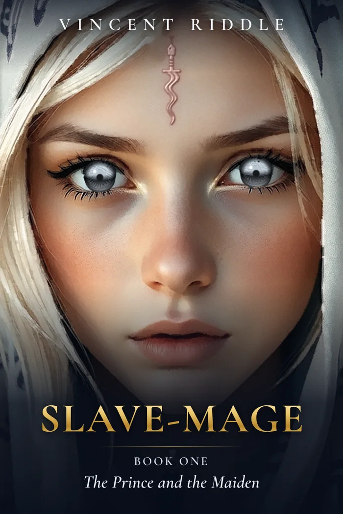 Cover of Slave-Mage: a pale-haired young woman in a hood, with mirror-silver eyes and a serpent-and-dagger brand on her forehead